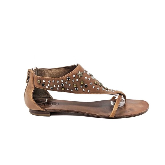 Ash Womens 8 Sandals Leather Studded Silver Gold Metallic Stars Cognac Zip 39 - Picture 3 of 9